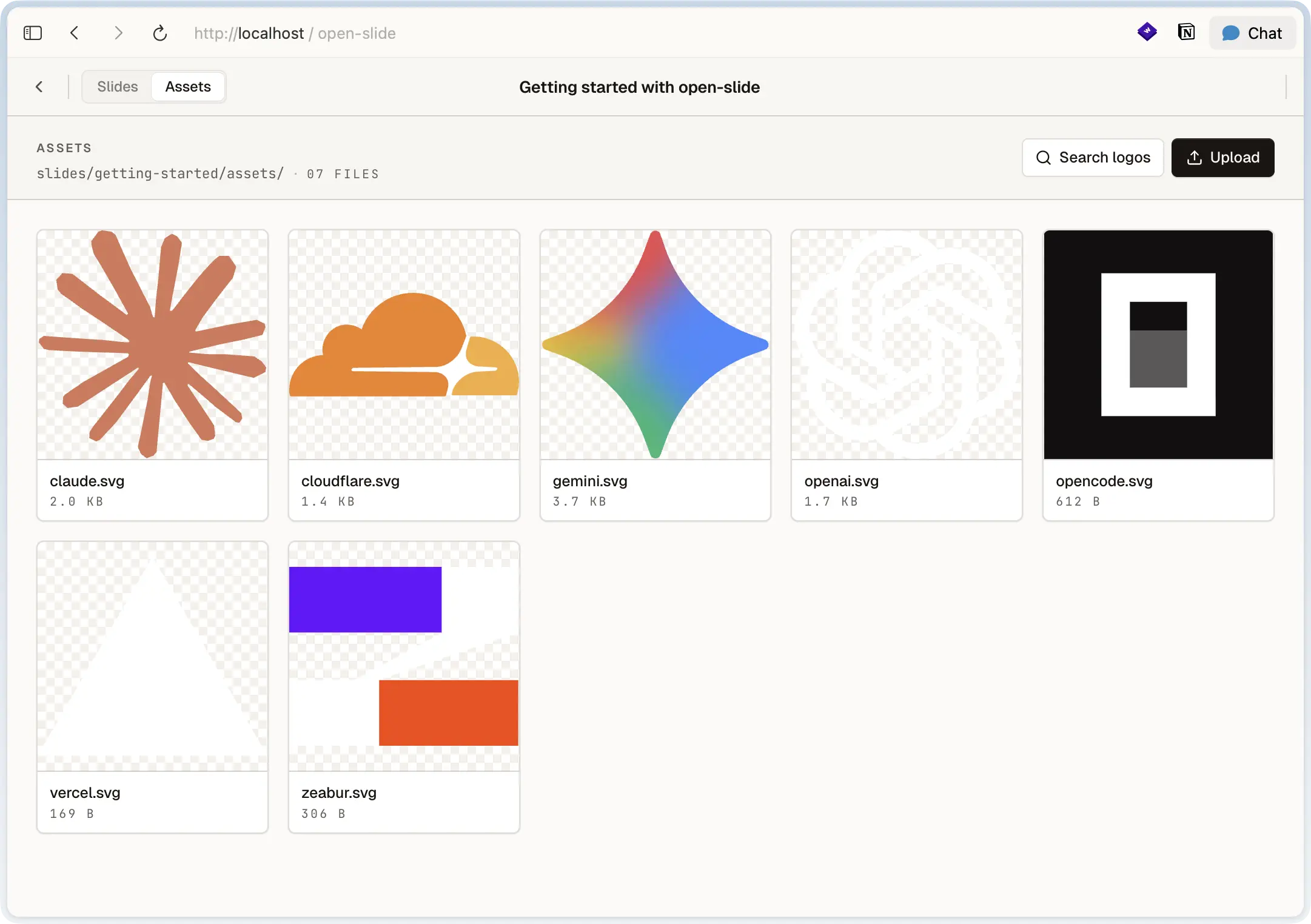 Open-slide assets panel listing slide files with the svgl logo search open
