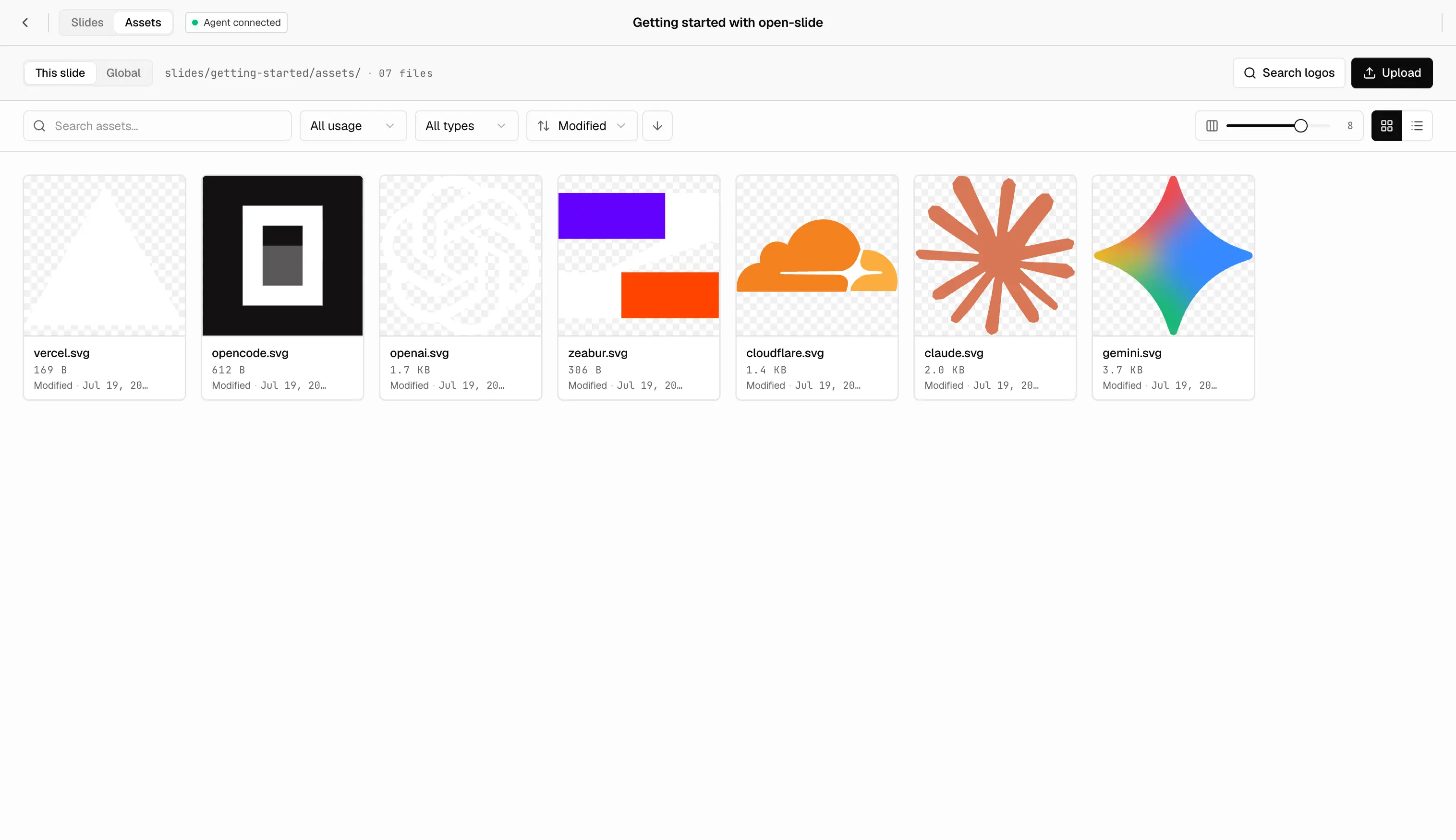 Open-slide assets panel listing slide files with the svgl logo search open