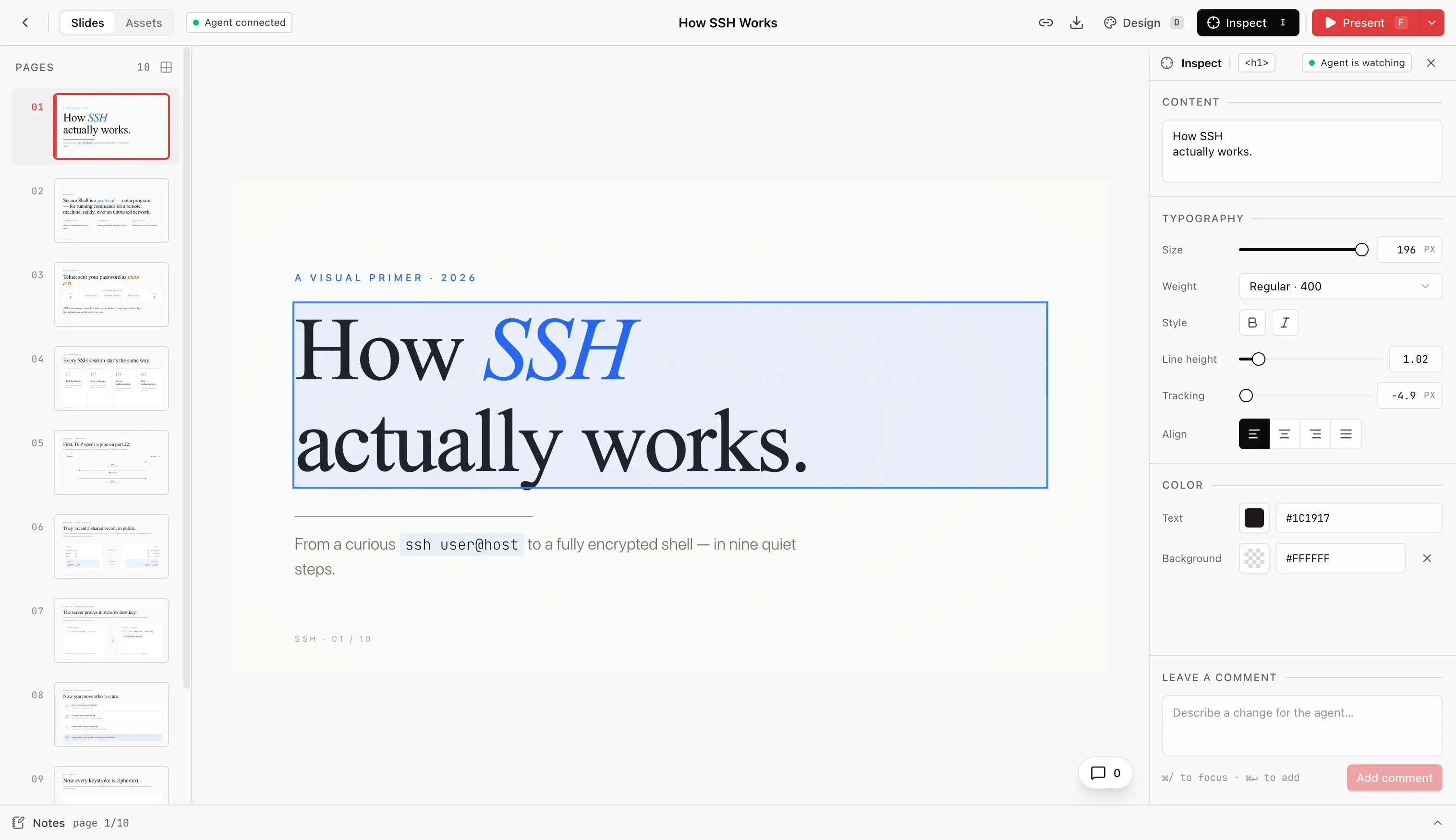 Open-slide inspector with the property panel docked beside the canvas, editing a selected element's typography and colour