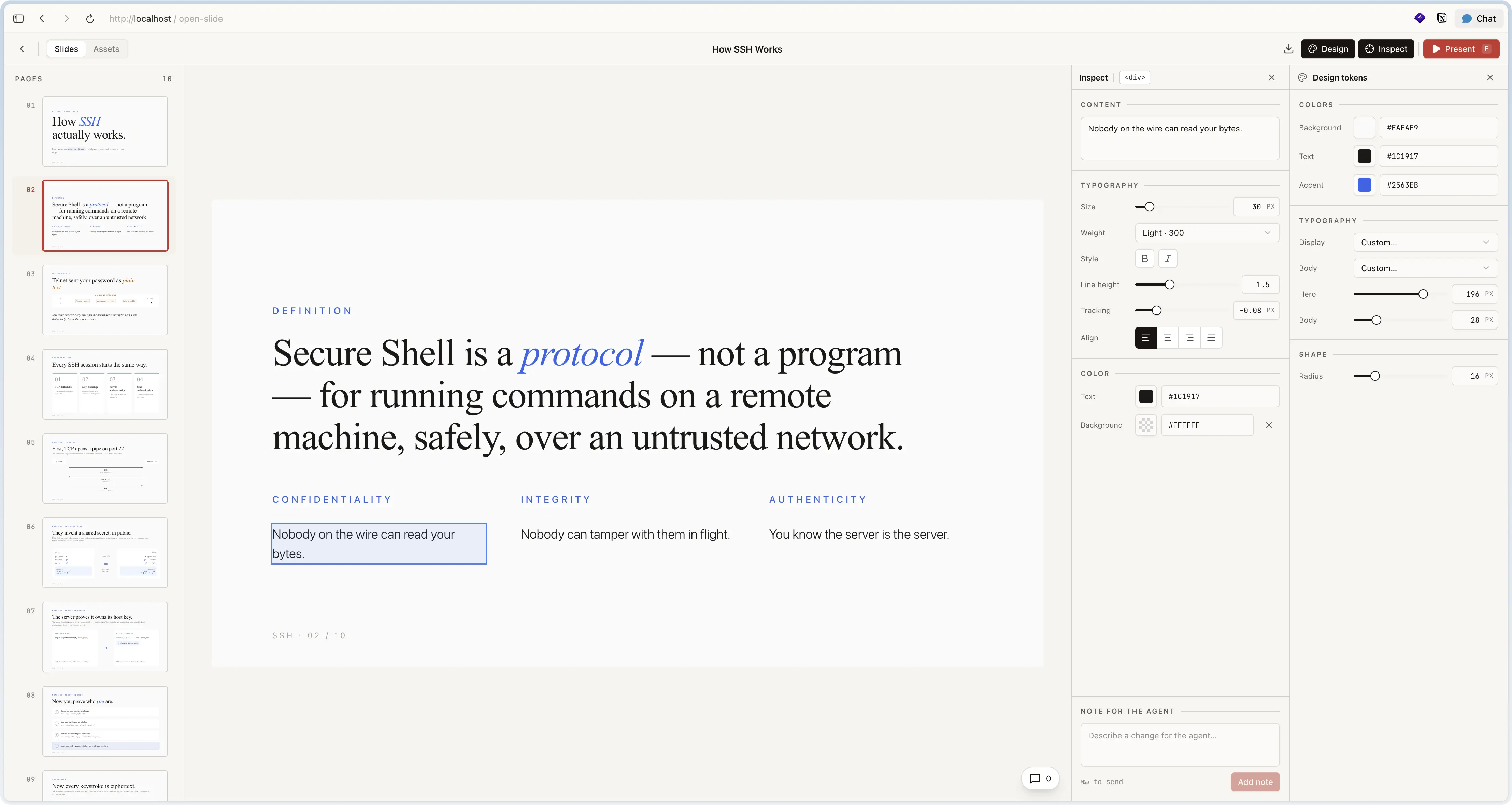 Open-slide inspector with the property panel docked beside the canvas, editing a selected element's typography and colour