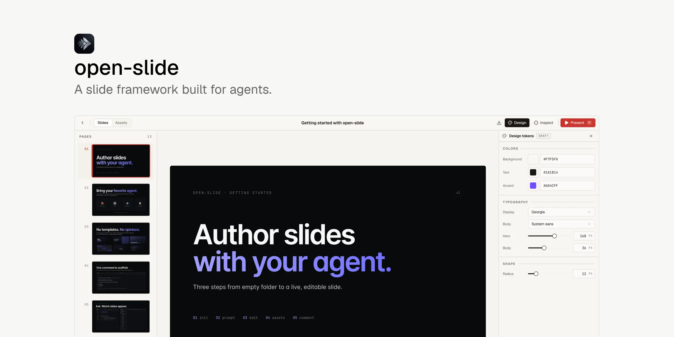 open-slide editor showing a deck with the inspector and assets panel docked alongside the canvas
