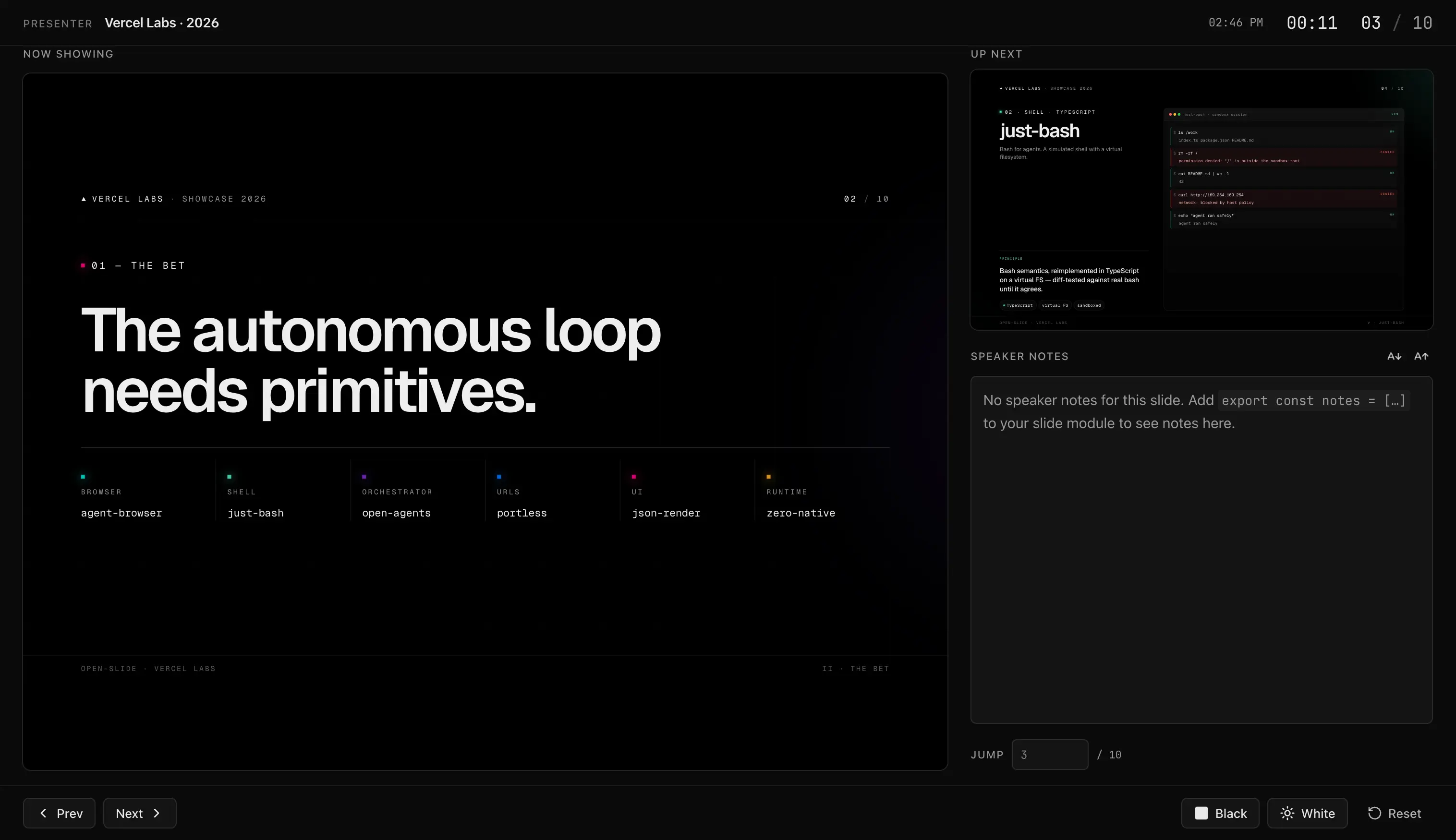 Open-slide presenter view with the current slide, next-slide preview, speaker notes, and timer