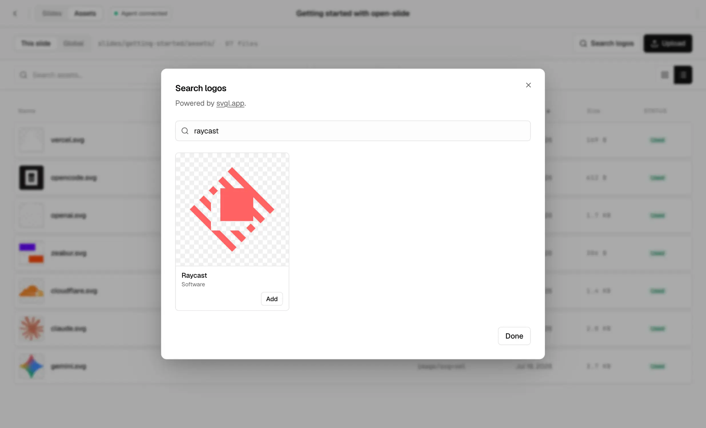 Open-slide svgl logo search in the Assets panel, showing brand logo results for a search query