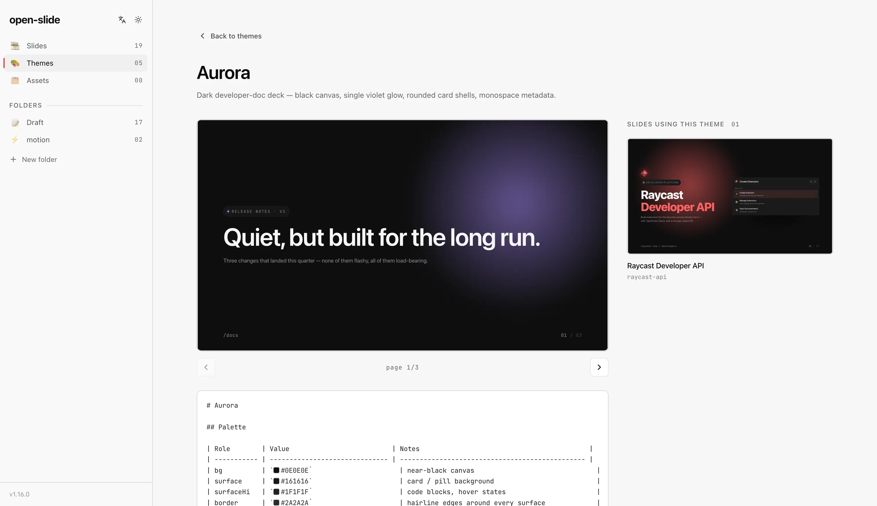Open-slide theme editor showing a theme's palette and typography beside its live demo slide