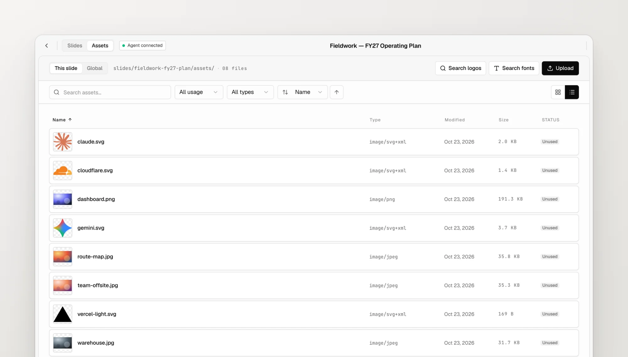 The assets manager in list view with file types, sizes, and usage status