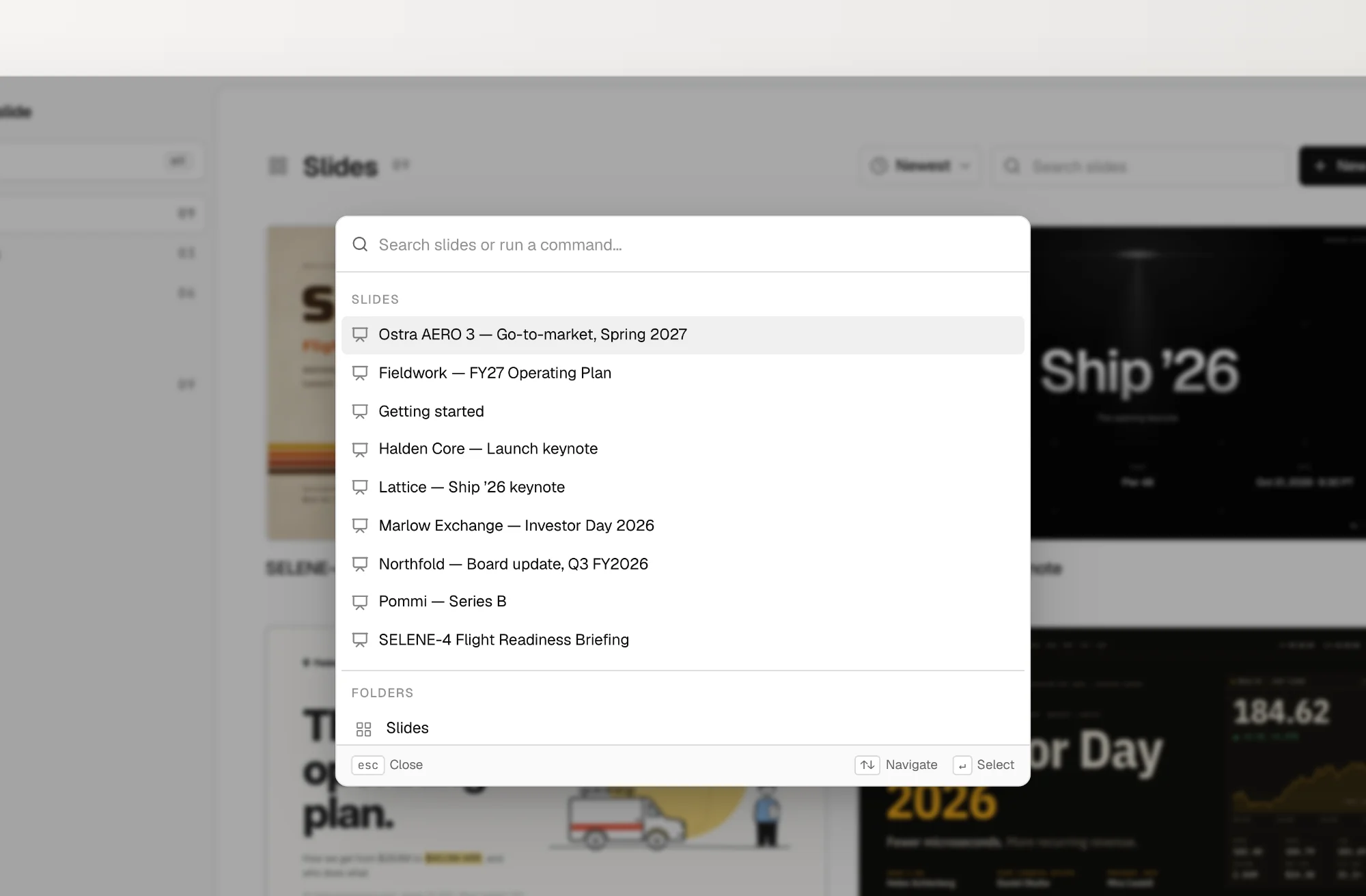 The ⌘K command menu open over the slide list
