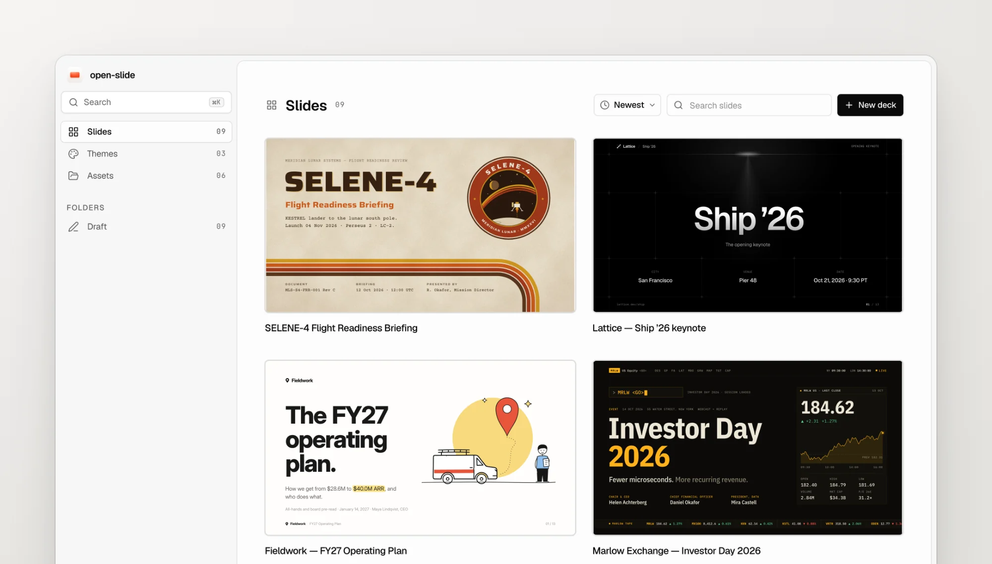 The open-slide home page listing every deck in the workspace