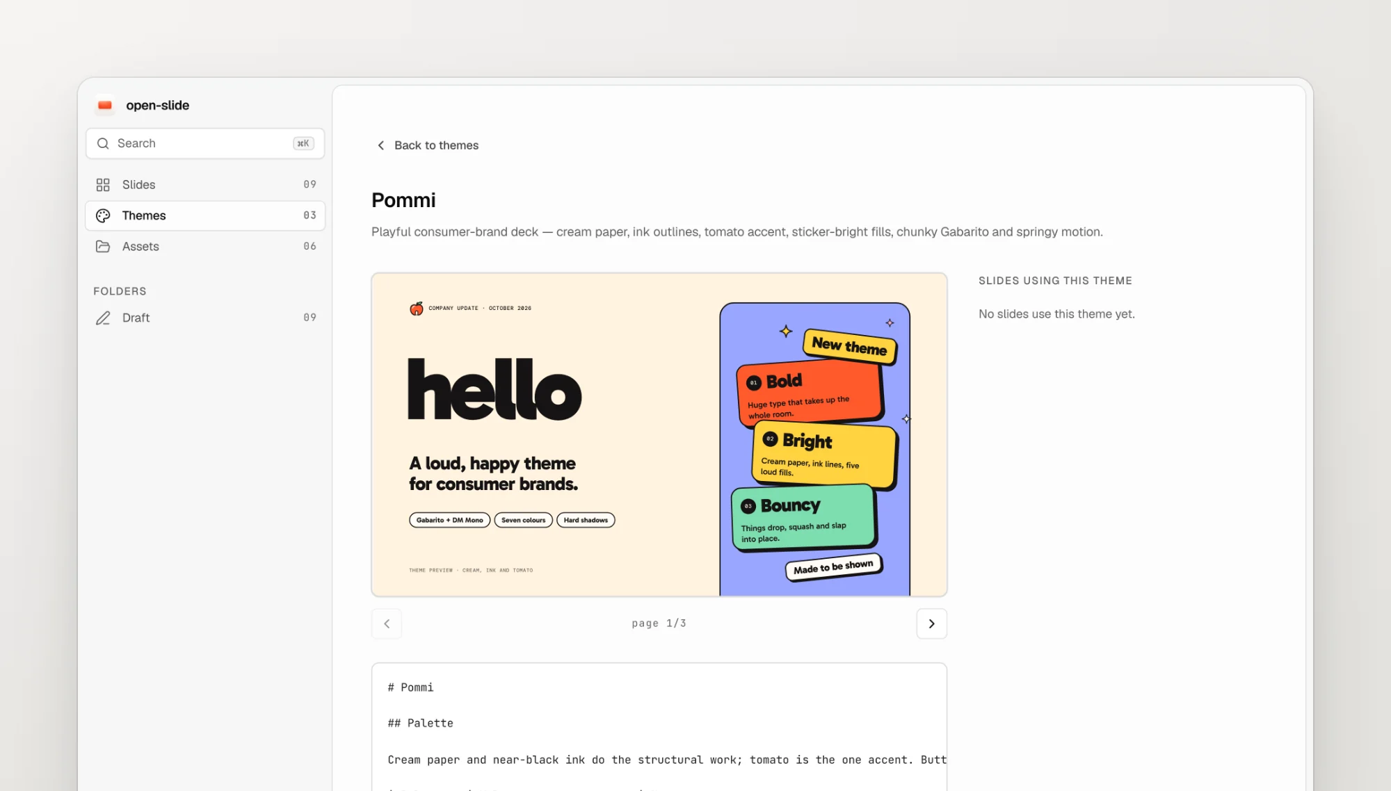 A theme page with its live demo slide and description