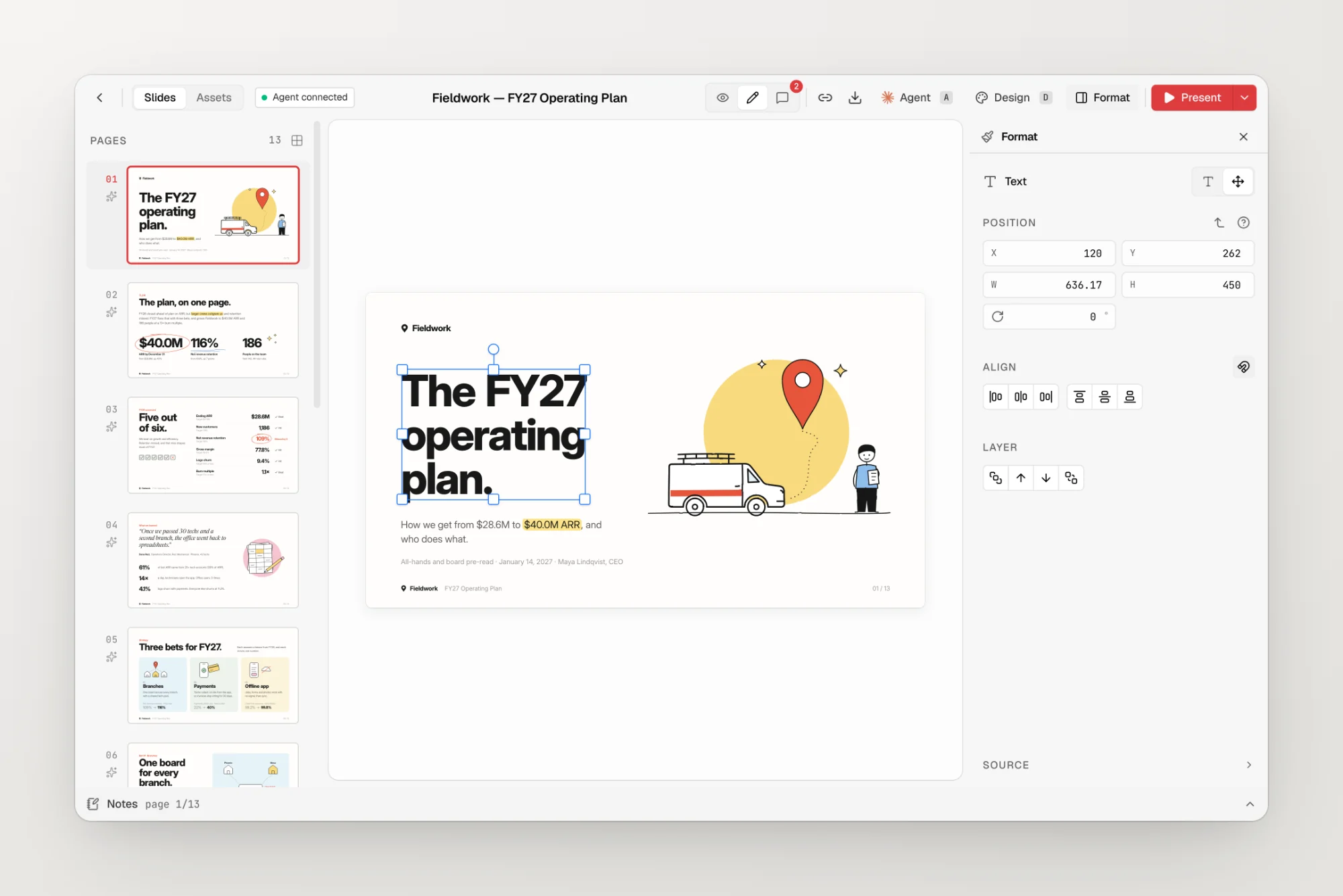 The visual editor with a headline selected and the Arrange tab open